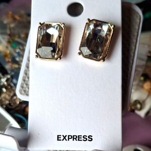 Express Emerald Cut Gold and Crystal Stud Earrings